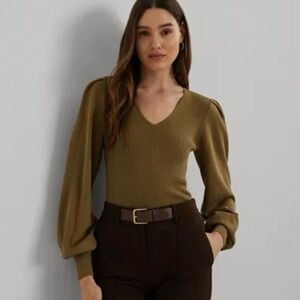 NEW Ralph Lauren Black Label V-Neck Blouson Sleeve Fitted Sweater 2X Honey Tan